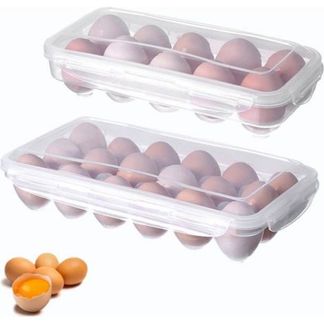 Lot de 2 Boîte à œufs, Plastique, Transparent, 10+18 compartiments, Empilable, Pour Réfrigérateur Cuisine