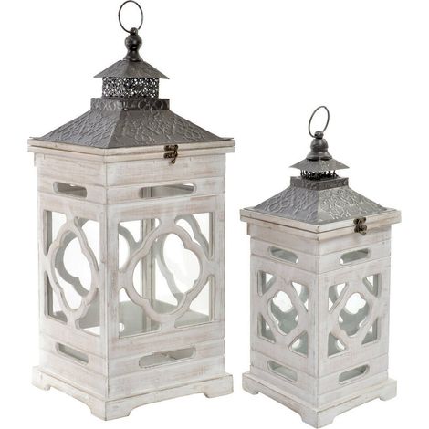 Lanterne orientale blanche en verre et bois esprit vintage - blanc vieilli et argenté (1/3)