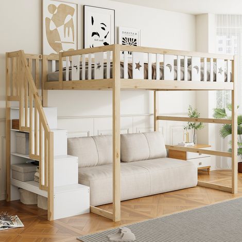 Lit mezzanine, 140×200 cm, lit superposé, lit enfant, avec escalier, bois massif, avec barrière de sécurité, décoration étoiles et lune. Naturel+blanc