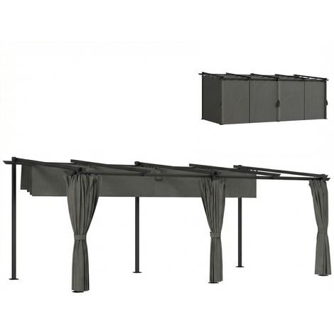 Einziehbare Pergola mit Seitenvorhängen, Gartenpavillon aus Metall mit UPF30+ Sonnenschutz, dunkelgrau