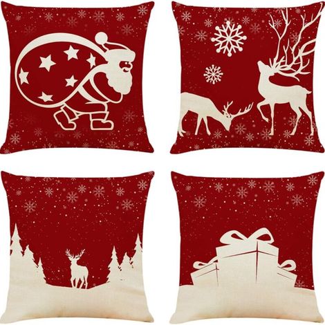 4PCS 18 "x18" Couvertures d'oreillers de Noël Couvertures d'oreillers décoratives de canapé de Noël Couverture d'oreiller carrée de lin de coton pour canapé, canapé, lit et voiture (Noël A-4PC (1/5)