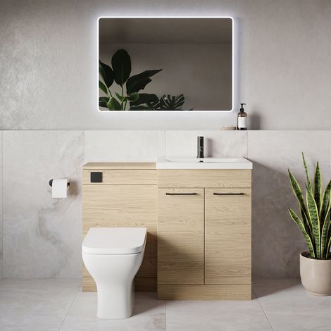 Napoli 390 Light Oak 1100mm 2 Door Vanity Unit Toilet Suite with Glide Basin - 1100mm - Matt Black 160mm HandleWith Kingston Toilet Pan and Seat