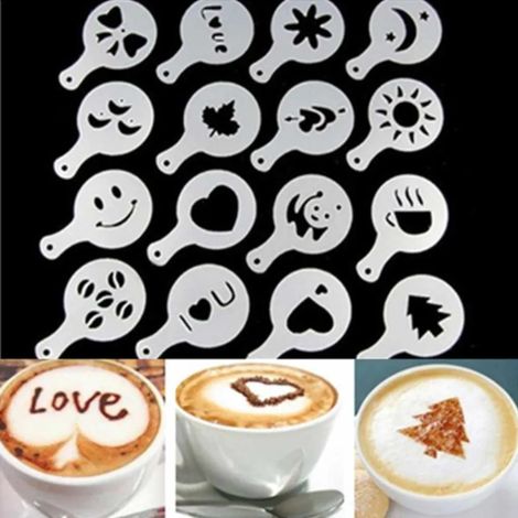 Lot de 16 pochoirs décoratifs pour café, latte et cappuccino, accessoires de barista. (1/5)
