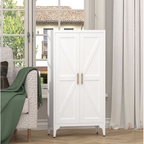 Armoire de rangement en métal blanc à 2 portes, 3 étagères réglables, 120 cm, OKWISH (1/5)