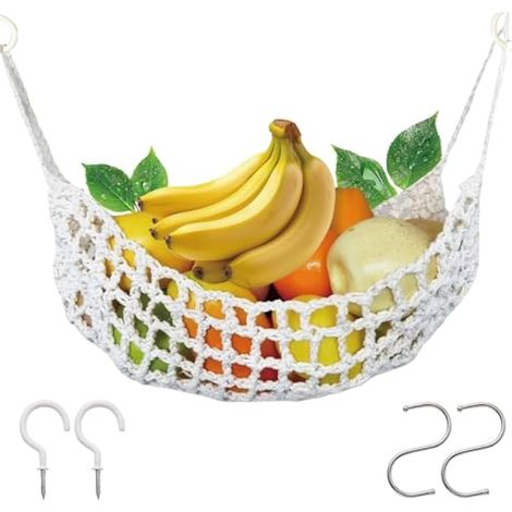 Hamac à fruits à suspendre sous armoire, panier à fruits en macramé avec 4 crochets, panier de rangement à suspendre pour cuisine, maison, bateau, camping-car (blanc) (1/5)