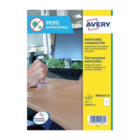 AM001A3-10 Avery 10 Films Antimicrobiens 400 x 277 mm (AM001A3-10) - Lot de 10 Films Antimicrobiens 400 x 277 mm avec adhésif amovible (1/5)