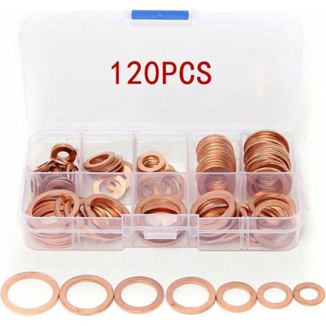 120pcs Rondelle Cuivre Joint Vidange Assortiment Kit, Cuivre Rondelles Metal avec Boîte, Rondelles pour Gonds de Porte, Joint Rondelle Plate, pour L'étanchéité des Vis Bagues D'étanchéité(M6-M20) (1/5)