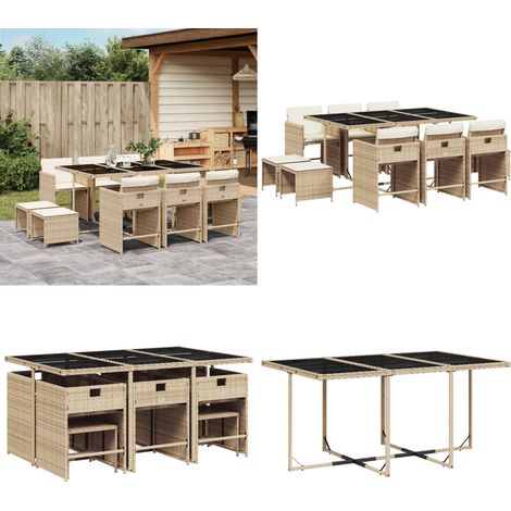 11-tlg. Garten-Essgruppe mit Kissen Beige Poly Rattan - Gartenmöbel Set - Gartentisch - Gartenstühle - Gartenhocker - Rattan Möbel - Home & Living