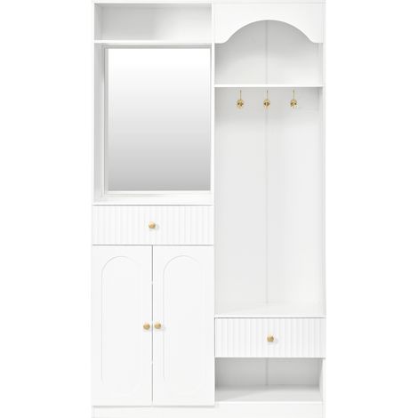 Multifunktionaler Flurmöbel mit Spiegel, Bank, Kleiderhaken und Schuhschrank, weißes MDF (1/5)