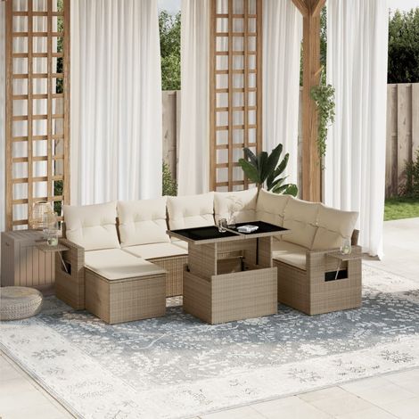 Salon de Jardin 8 Places en Résine Tressée Beige avec Table à Hauteur Réglable et Coussins Détachables - Ensemble Modulaire Jardin (1/5)