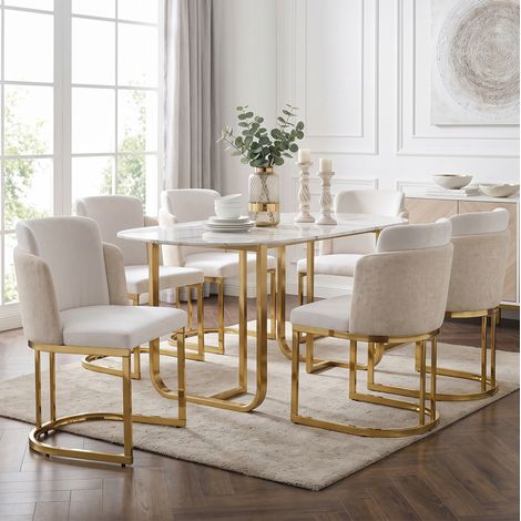 Set di 6 sedie da pranzo con doppio schienale, gambe in metallo, tessuto chenille beige e oro (1/5)