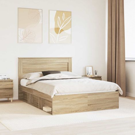 Cadre de Lit avec Tête de Lit Sonoma 140x190 cm - Pin Massif - Bois d'Ingénierie - Durable et Facile à Nettoyer (1/4)