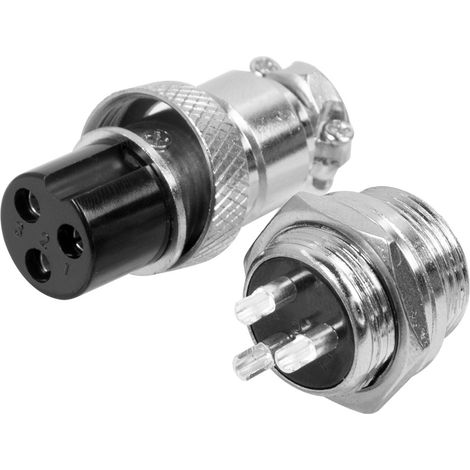 GX16-3 pin male/female aviation connector with round retaining nut for cable.