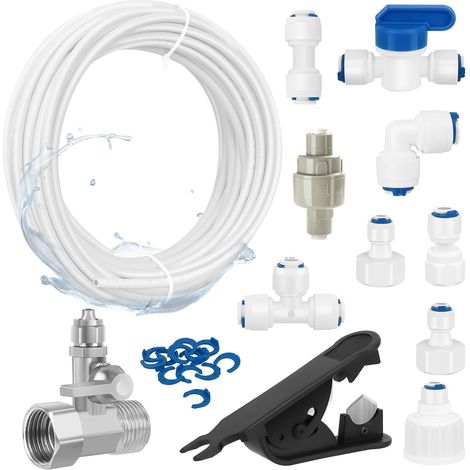 15m Tuyau d'Alimentation en Eau Universel, 25 Pièces Kit de Connecteur de Tuyau de Réfrigérateur 1/4", pour Réfrigérateur (Type T+ I+ L+ Vanne d'Arrêt + Vanne de Réduction de Pression + Coupe-tube) (1/5)