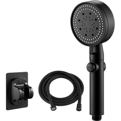 Cabezal de ducha ahorrador de agua, negro, ducha de alta presión ajustable con cinco modos, masaje acuático con solo pulsar un botón, accesorios de baño de bajo consumo energético. (1/2)