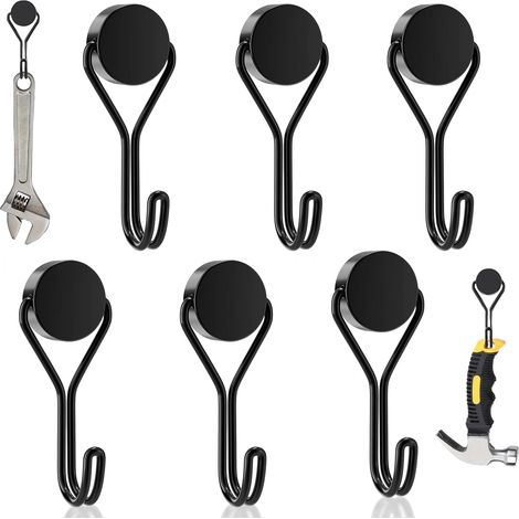 Ganchos magnéticos, 6 piezas. Ganchos metálicos giratorios de neodimio de 16 mm. Ganchos magnéticos para parrillas, armarios de cocina, oficinas y refrigeradores (color negro). (1/5)