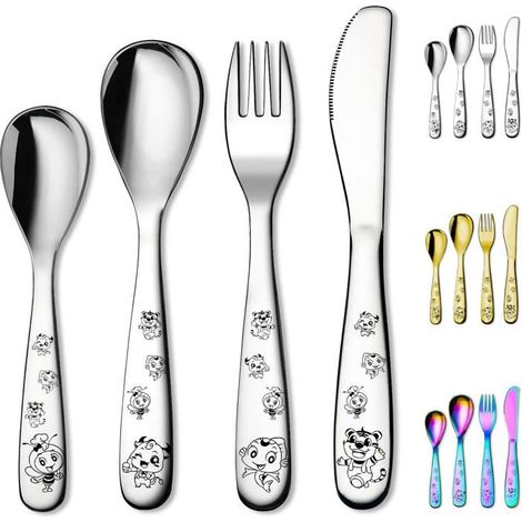Couvert enfant 4 pièces - DOK - Acier inoxydable - Bords lisses - Miroir poli - Sécurité lave-vaisselle - Couleur dorée (1/5)