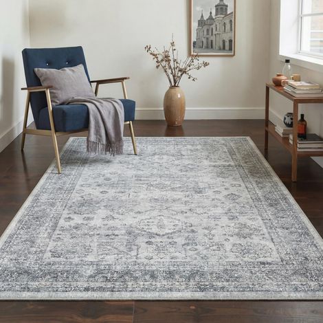 Tapis Salon Vintage 120x170cm Lavable en Machine Rug AntidéRapant Poil Ras, pour Chambre Salle a Manger Descente de Lit Bureau, Cuisine, Gris Patiné (1/5)