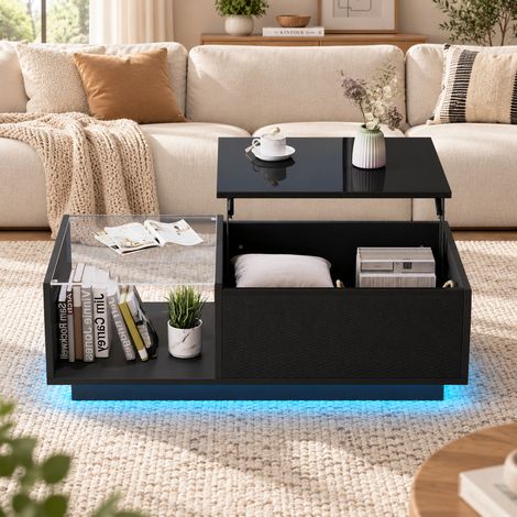 Table basse relevable 100x50x33-46,5 cm, LED RGB Bluetooth/App, 2 tiroirs, rangement caché, étagère, noir brillant (1/5)