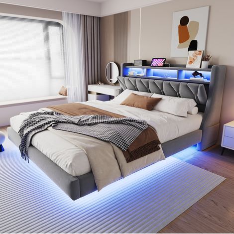 Bett Polsterbett 180x200 mit Stauraum LED Grau HAVRYA (1/5)