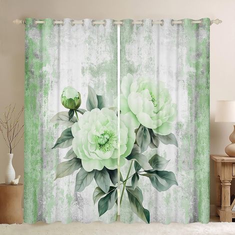 Rideau Occultant 140x260 cm Fleurs de Piône D'Aquarelle, Rideau Peinture À l'huile Abstraite, Rideaux Voilage Ferme Rustique, Voilage Fenetre Ombre Vert Gris Blanc pour Chambre Salon - 140L X 260H cm (1/5)