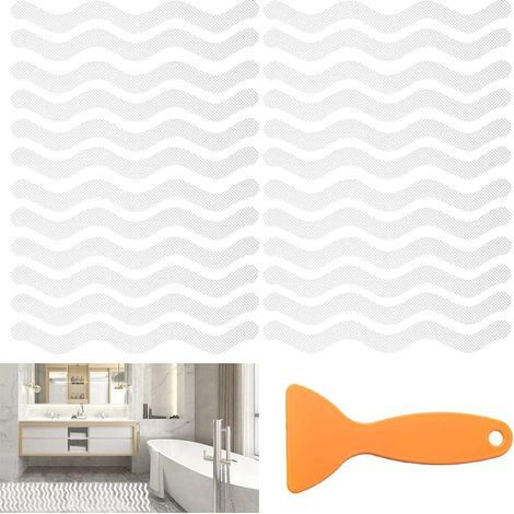 24 pegatinas antideslizantes para bañera, pegatinas antideslizantes Wave, pegatinas antideslizantes transparentes a rayas (1/5)