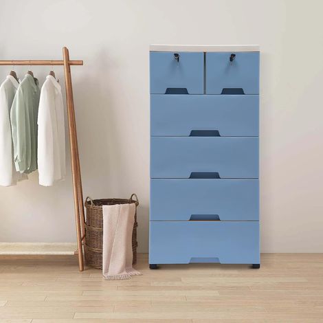 Commode de rangement sur pied, en plastique, table de chevet, étagère, tour de tiroir, armoire de salle de bain, armoire de rangement, commode de chevet, 6 tiroirs, avec 4 roues, bleue (1/5)