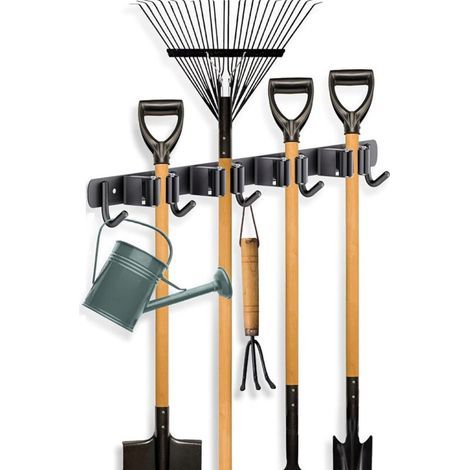 Set of 2 wall-mounted broom holders - 4 holders and 5 hooks - Stainless steel - Sturdy - For home, kitchen, garden, laundry room (black) (1/4)