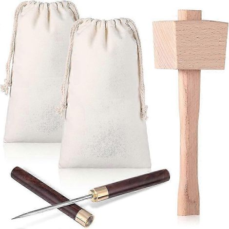 Ensemble de 4 sacs à glace et maillet à glace, sacs à glace pilée réutilisables en toile avec maillet à manche en bois pour kit d'outils de barman (1/5)