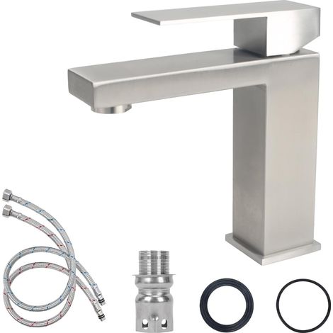 Robinet Salle Bain Acier Inoxydable, Mitigeur Lavabo avec Tuyau, Poignée Unique Robinet Lavabo Salle de Bain, Robinets Lave Main Eau Chaude et Froide pour Cuisine (Brossé) (1/5)
