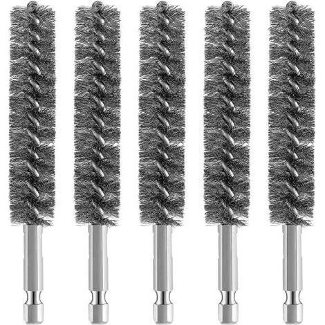 ALLIANDIS5pcs Brosse MéTallique de Brosse D'AléSage D'Acier Inoxydable pour la Brosse MéTallique de Nettoyage de Perceuse Brosse D'Acier Inoxydable avec la PoignéE de Tige Hexagonale, Argent (1/5)