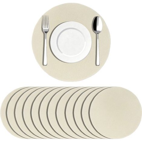 Set di 10 tovagliette in lino (33,5 cm) per compleanni, in stile rustico country e per le festività. Rotonde, color bianco crema. (1/5)
