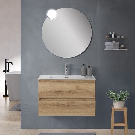 Mobile bagno sospeso 80 cm in legno quercia naturale 2 cassettoni con lavabo Leda (1/5)