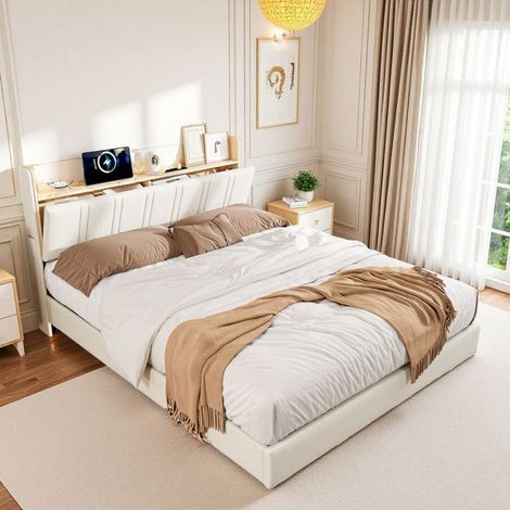 Letto Doppio Sospeso 140x190cm - LED RGB - Ripostiglio Integrato - Pelle Bianca - Supporto Anti-Fraffiti
