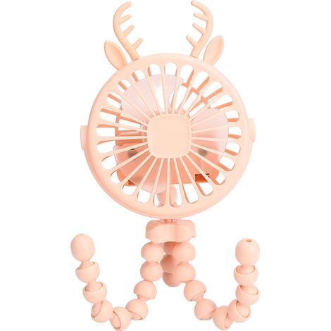 Ventilateur pour poussette bébé avec pince trépied flexible, alimenté par batterie, 3 vitesses de ventilation, lumière LED, design en forme de bois de cerf, rotation à 360 degrés, rose. (1/5)