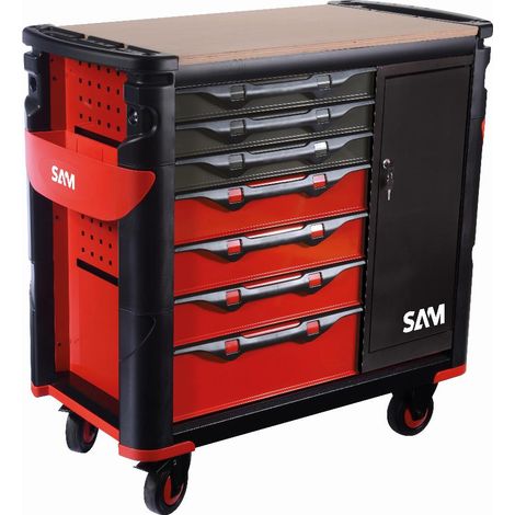 SAM OUTILLAGE XXL carro extra grande de 7 cajones con armario y encimera de madera - 417-BXE