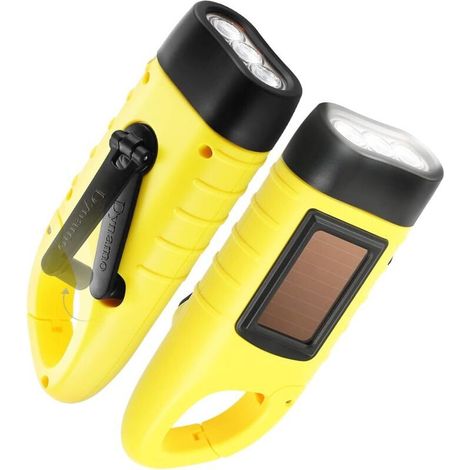 Lot de 2 lampes de poche à manivelle, lampe de poche d'urgence LED rechargeable à énergie solaire, torche dynamo de survie pour sports de plein air jaune (1/5)