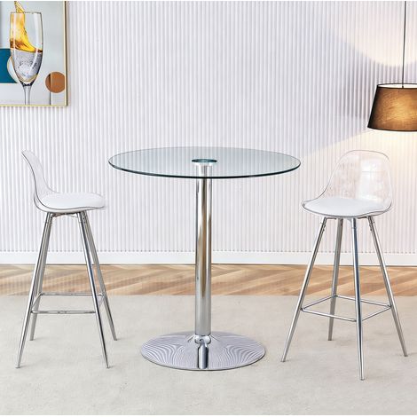 Set Tavolo Alto e 2 Sgabelli da Bar con Schienale Trasparente e Poggiapiedi, Struttura Stabile, Vetro Metallo Argento Trasparente (1/5)