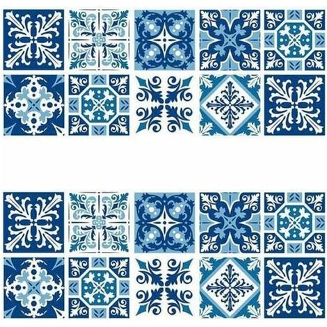 2 Pcs Carrelage Mural Autocollant 15×15cm - Adhésif Etanche Style Porcelaine Bleu Blanc pour Cuisine Salle de Bain (1/4)