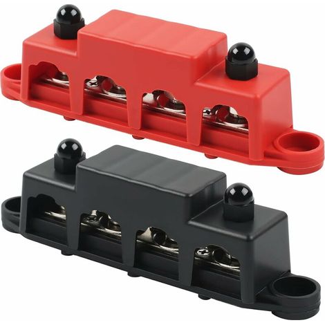 Blocco di distribuzione a barra collettrice da 12 V, 48 V CC, 250 A, con 4 bulloni di serraggio M8, corrente di messa a terra per auto, camper, barca, yacht (rosso e nero, 2 pezzi)