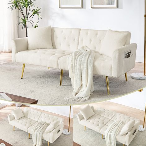 Canapé 2 places moderne en tissu Teddy bouclé, dossier réglable sur 3 positions, 2 coussins inclus, pieds en métal robustes, doux et confortable pour salon, location, petit appartement, beige (1/5)