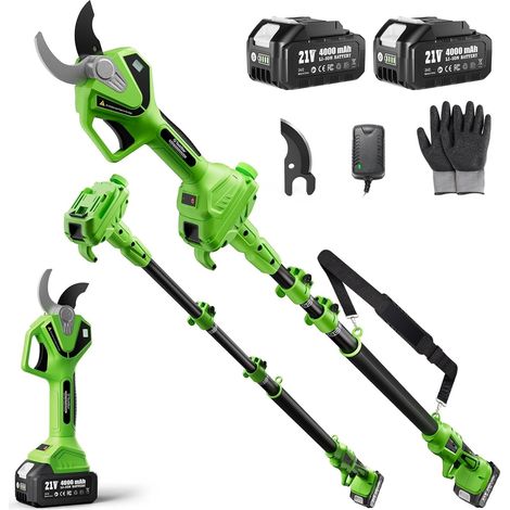 Sécateur Électrique Télescopique: 2-en-1 Sécateur de Jardin avec Perche - Moteur Sans Balais, 2X Batteries 4,0Ah, Lame SK5 Supplémentaire, 2 Modes, Coupe 40mm pour Arbres (1/5)