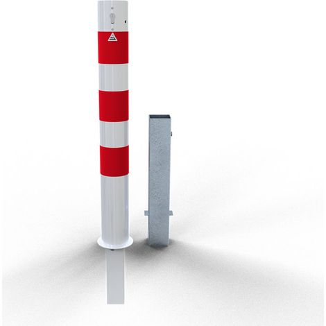 Schake Absperrpfosten herausnehmbar aus Stahlrohr verzinkt Ø108x2,9mm weiß mit rot reflektierenden Leuchtstreifen, Profilzylinder und Stahlkappe 900mm Überflur
