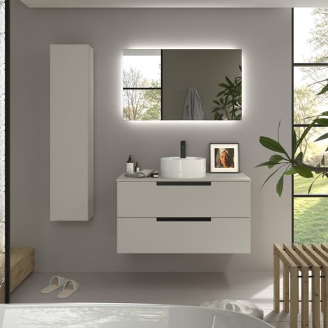 Mueble de Baño LENI 100cm Gris mate 2 cajones Lavabo sobre encimera 1 poza Porcelana (1/5)