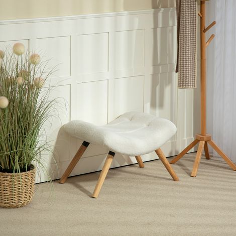 Repose-pieds moderne avec housse en polaire et pieds bois, rembourré, pour salon, chambre, couloir, blanc crème