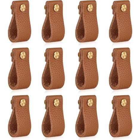Set of 12 Leather Furniture Knobs, 146mm, Shockproof Dresser Door Knobs, Cabinet Drawer Pulls, Great Gift, Brown