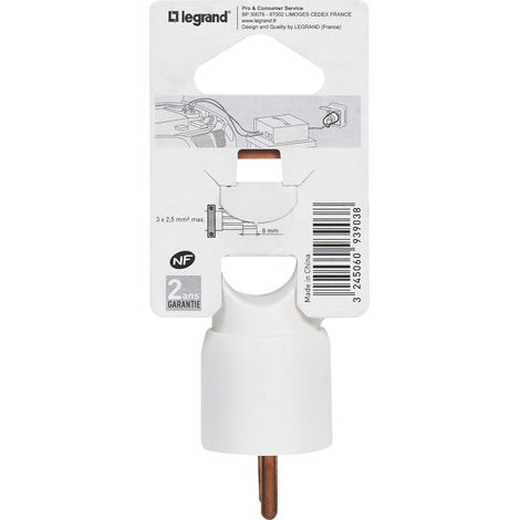 Legrand - Fiche mâle avec terre plastique Annela avec anneau - Blanc