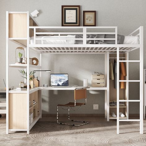Letto a soppalco moderno 140x200 cm in metallo e legno bianco/naturale con armadio, scrivania e vani contenitore (1/5)