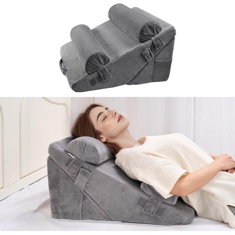 Coussin Incliné Lit, Oreiller Triangulaire Orthopédique Réglable, Rembourrage Mousse, Housse Lavable, Coussin de Lecture Lit pour Soulagement Reflux Acide, Soutien Dos, Jambes, Bras, Gris Foncé (1/5)