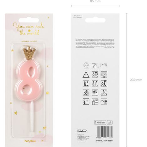 Candela di compleanno numero 8 con corona, rosa chiaro (1/2)